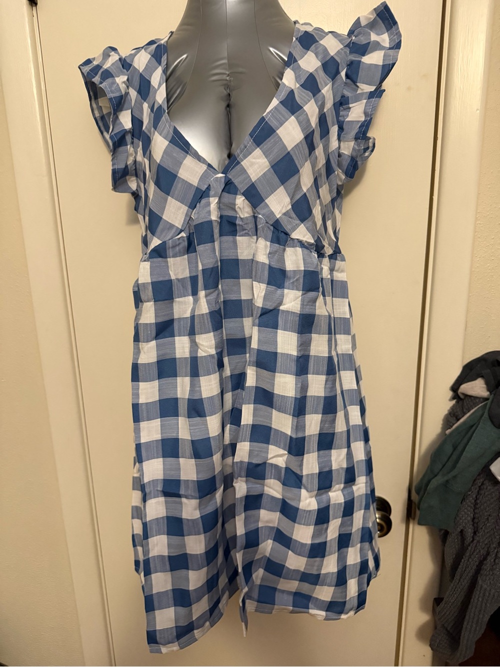 Amasoo Blue and White Gingham Flutter Sleeve Dress Size Medium NWT